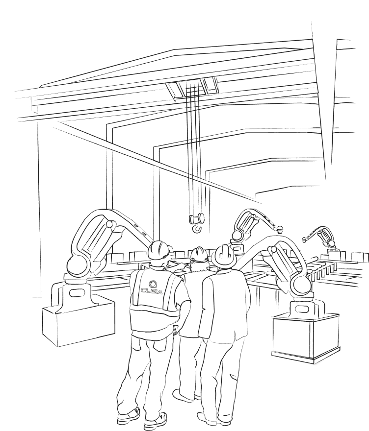 Illustration de l'équipe CLEIA regardant une ligne de production chez un client 